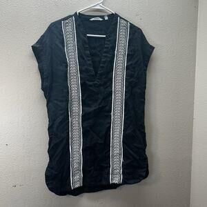 Athleta Column‎ Embroidery Luxe Kaftan Coverup Size XS Linen Shift Dress Black